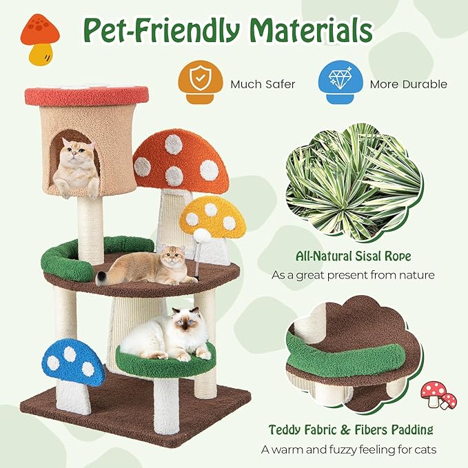 Tangkula Mushroom Cat Tree, Cute Cat Tower with Full-Wrapped Sisal Post, Scratching Board & Spring Ball, Cat Condo, Flower Cat Tree Tower for Indoor Cats Large Adult (40.5 Inch)