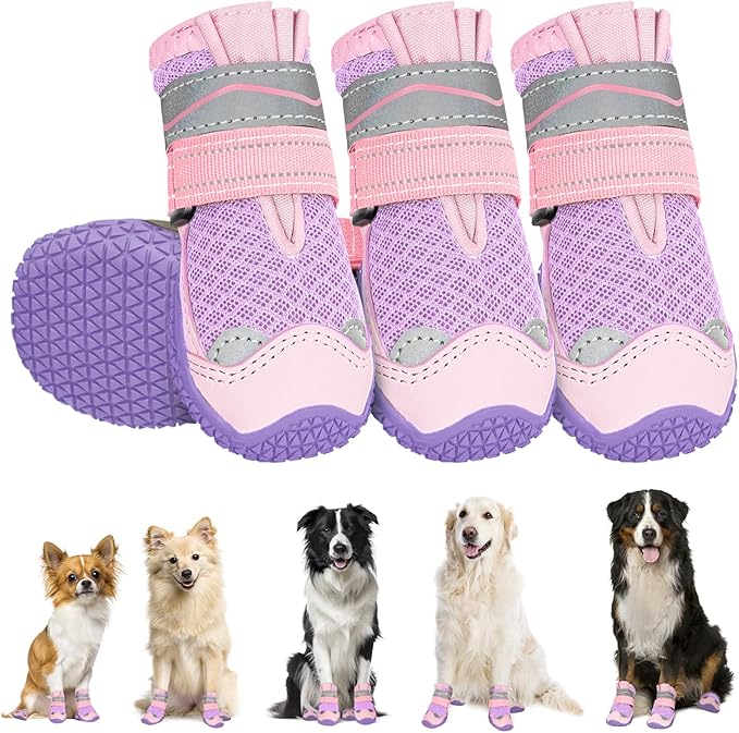 SlowTon Dog Shoes for Large Small Medium Dogs - Breathable Dog Boots for Summer Hot Pavement, Paw Protector for Outdoor Walking Winter Snow, Anti-Slip Rubber Dog Booties for Hardwood Floor (Pink, 1)