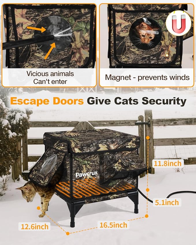 Weatherproof Heated Cat House for Outdoor in Winter, Heated Cat Bed Kitty Shelter with Cat Heating Pad, Insulated & Safe Escape Door, Warm House for Outside Stray Cat(Leaf Color, 12.6"x16.5"x16.9")