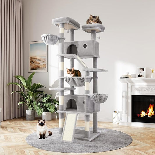 MUTICOR 81 inches Multi-Level Tall Cat Tree Tower for Indoor Kitties/Large Climbing Tree House for Big Feline/Condo/Sisal Scratching Posts/Plush Perches Platforms/Basket Hammock/Grey