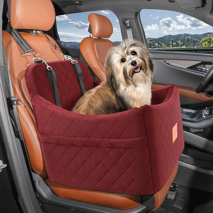 Dog Booster Car Seat for Dogs up to 35lbs, Safety Pet Car Seats with Anti-Slip Bottom, Travel Booster Dog Bed with 2 Storage Pockets (Wine Red, Medium)