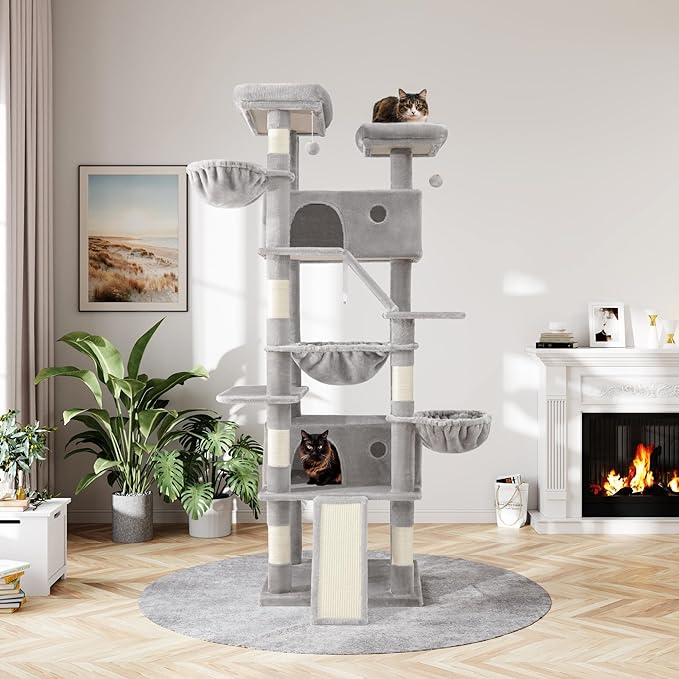 MUTICOR 81 inches Multi-Level Tall Cat Tree Tower for Indoor Kitties/Large Climbing Tree House for Big Feline/Condo/Sisal Scratching Posts/Plush Perches Platforms/Basket Hammock/Grey