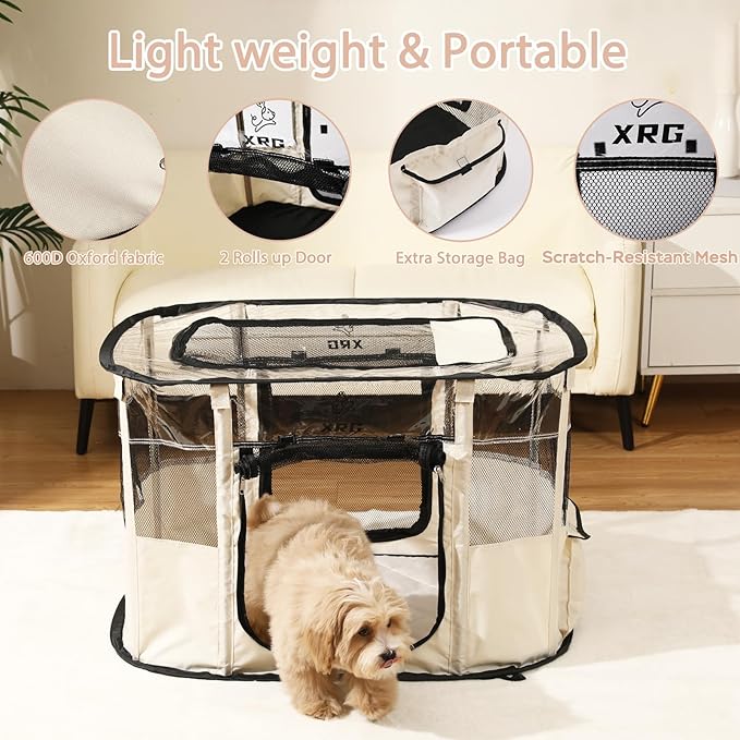Dog Play Pen with Waterproof pad,Portable Dog Crates for Medium Dogs Kennel Tent,Dog Cages Indoor Breathable Mesh Collapsible Dog House Travel Playpen for Dogs Indoor & Outdoor(Medium, Beige)