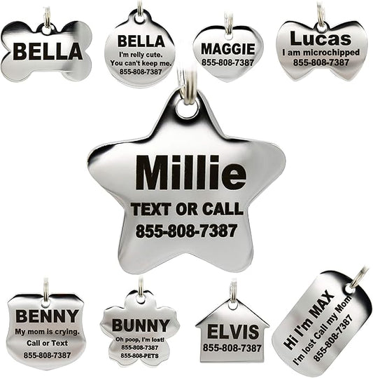 Stainless Steel Pet ID Tags - Engraved Personalized Dog Tags, Cat Tags Front & Back up to 8 Lines of Text – Bone, Round, Heart, Flower, Badge, House, Star, Rectangle, Bow Tie