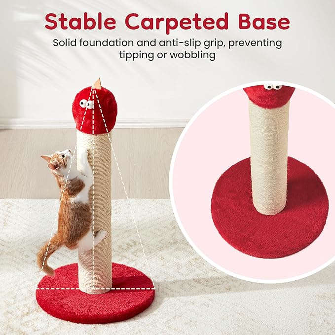 22" Cat Scratching Post, Sisal Cat Scratcher with Interactive Hanging Toy, Monster Scratch Pole for Indoor Cats, Cute Cat Scratch Post for Kittens & Large Cats, Red