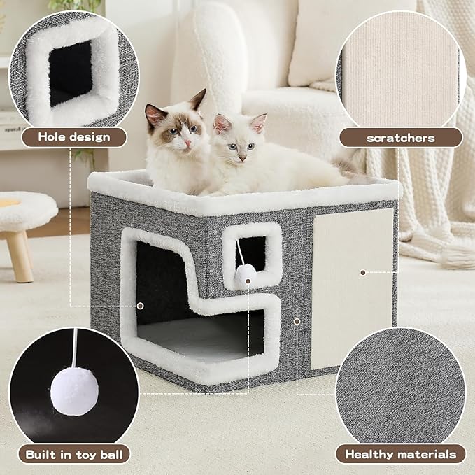 Cat Houses for Indoor Cats, Covered Cave Bed with Scratch Pad and Fluffy Ball, Foldable Cat Hideaway Condo for Large Cats, Modern Kitten Bed,16.5x16.5x13 inches (Grey, Large)
