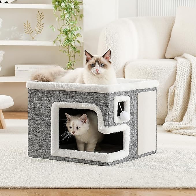 Cat Houses for Indoor Cats, Covered Cave Bed with Scratch Pad and Fluffy Ball, Foldable Cat Hideaway Condo for Large Cats, Modern Kitten Bed,16.5x16.5x13 inches (Grey, Large)