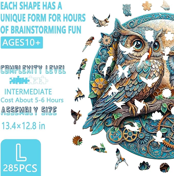 Wooden Puzzles for Adults - Embossed Owl Puzzle, Unique Shape Wooden Jigsaw Puzzle for Adults, Wood Puzzles Adult, Good Gift Idea for Family, Wall Art Home Decor (L-13.4 * 12.8in -285 Pieces)