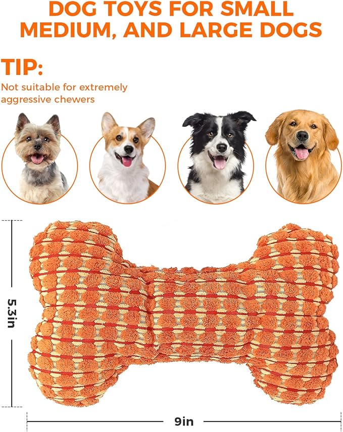 Squeaky Dog Toys for Medium Dogs, Interactive Dog Plush Toy for Aggressive Chewers, Tough Chew Gifts for Puppy Teething to Keep Them Busy and Relieve Boredom (Orange Bone)
