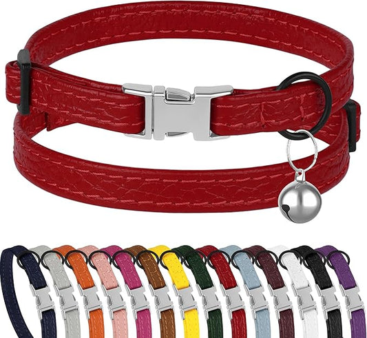 Leather Cat Collar with Buckle and Removable Bell - Non Breakaway Adjustable Soft Safety Small Pet Collars for Girl Boy Cats Kitten (Red)