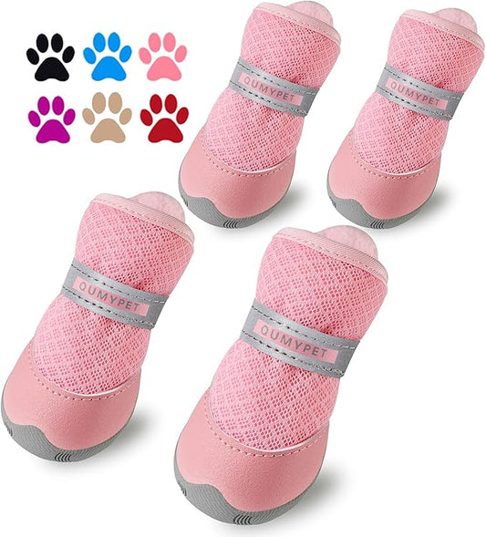 QUMY 4PCS Dog Shoes for Small Dogs, Hot Pavement Summer Puppy Dog Boots & Paw Protectors with Soft Anti-Slip Rubber Sole, Mesh Breathable Dog Booties for Hardfloors, Walking Running Pink Size 3