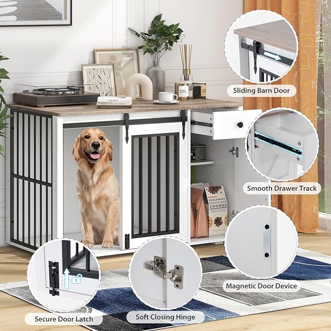 Verano Garden 44" Dog Crate, 2-in-1 Furniture-Style Dog Crate with Storage Drawer & Cabinet, Heavy Duty Dog Kennel Dog Cage Indoor for Small Medium Dogs, White (44" Right Facing Door)