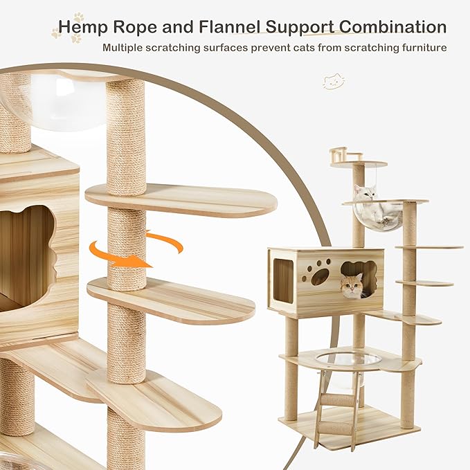 EUREKA ERGONOMIC Cat Tree Large 52 Inch, Wooden Cat Tower Multi-Level Cat Tree Tower for Indoor Cats Large Adult with Scratching Post, House, Pompoms, Cat Stand with Scratch Pad (Yellow)