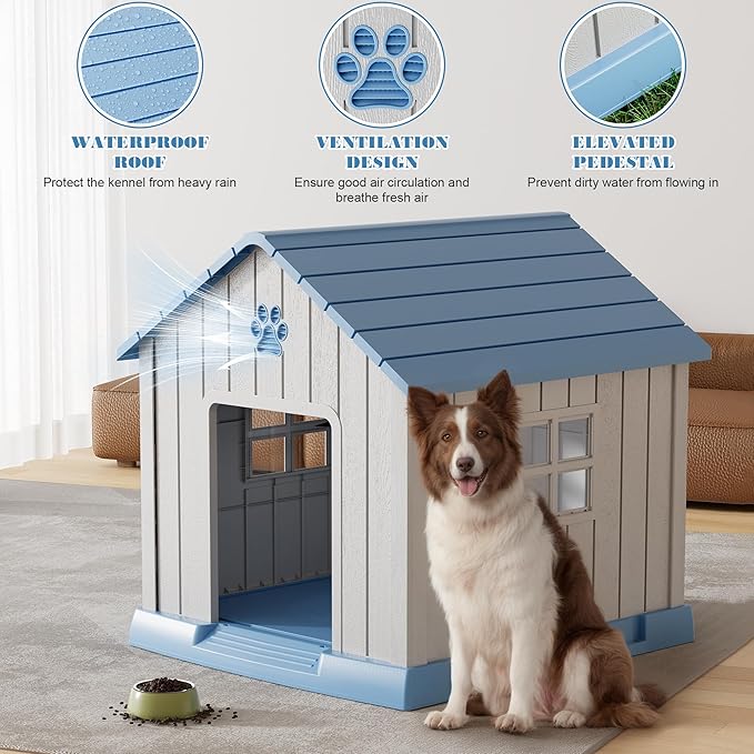 Dog House Outdoor Indoor - Waterproof, Ventilated, Easy to Clean, Elevated Floor for Small-Large Dogs, Easy to Assemble (Blue, 37.2" L x 40" W x 40" H)