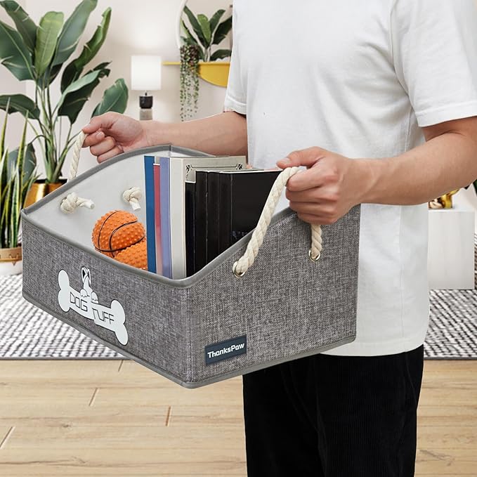 Collapsible Fabric Dog Toy Box and Storage Bin With Handle - Trapezoid Basket Chest Organizer for Pet Toys, Blankets and Accessories