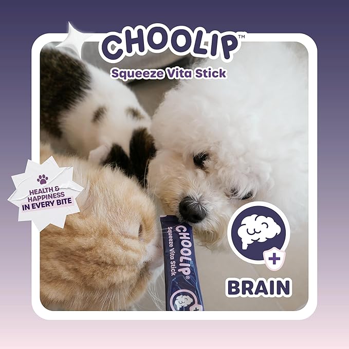 Choolip Squeeze Vita Stick Lickable Cat Treats & Dog Puree – 7-Count Brain Support Tubes, Creamy Grain-Free High-Protein Puree with DHA, Omega 3 & Vitamin B12 for Memory & Cognitive Health