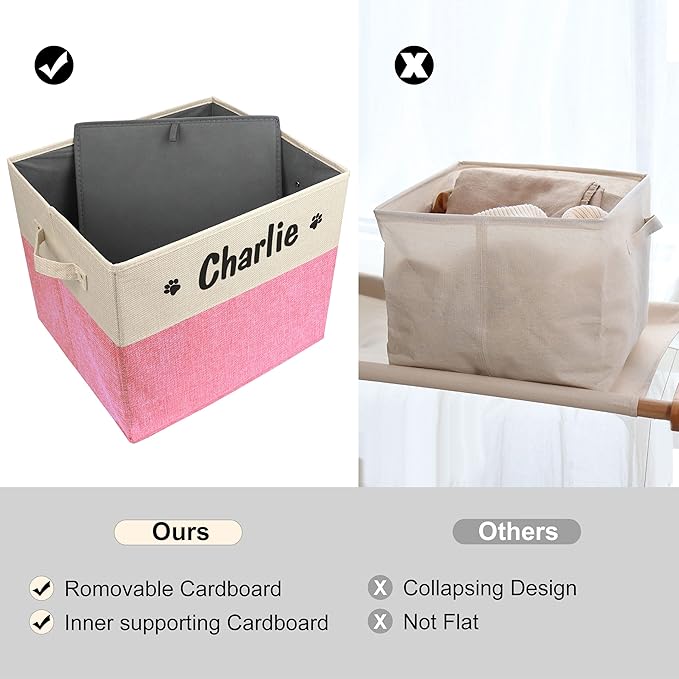 PET ARTIST Large Dog Toy Basket, Custom Toy Bin Box Personalized with Pet's Name, Collapsible Pet Storage Baksets With Handle for Toys,Blankets,Accessories- Pink