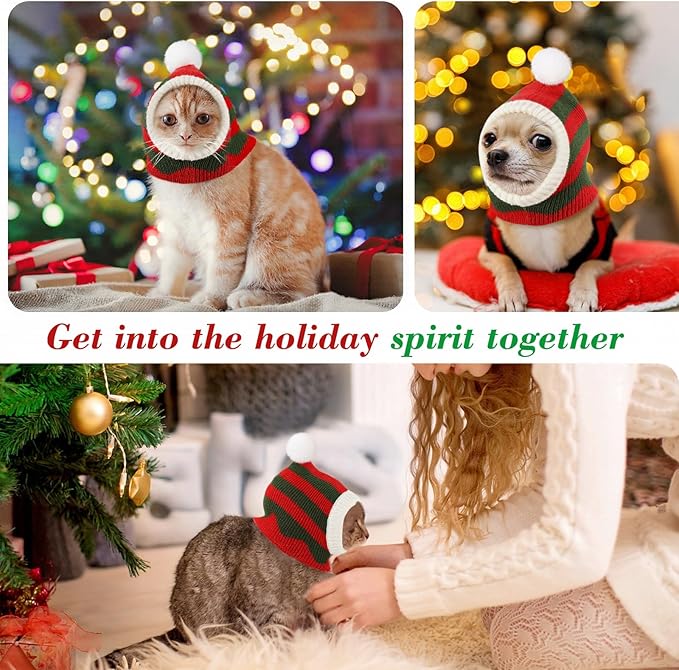 Pawaboo Christmas Pet Hat, Funny Knitted Pets Cap with Pompon, Cute Crocheted Snood Winter Warm Pet Hat, Neck Ear Warmer Hood Warm Scarf Xmas Decoration Santa Hats for Small Dogs, XS, Red+Green