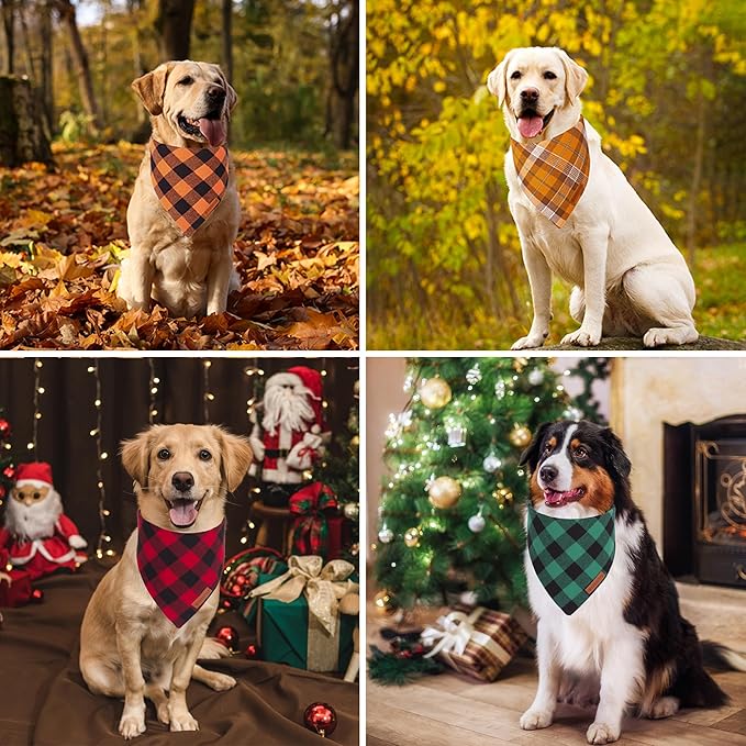 ADOGGYGO 4 Pack Plaid Dog Bandana for Fall Halloween Thanksgiving Christmas, Red Green Orange Plaid Pet Scarf Plaid Holiday Bandanas for Extra Large Dogs Pets (X-Large)