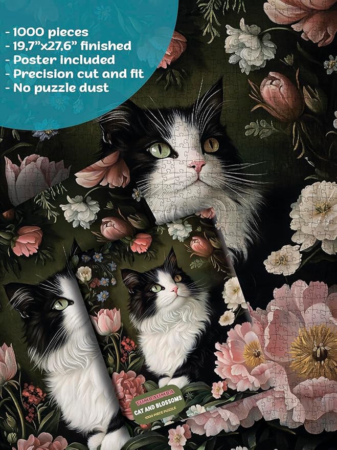 Cat in Blossoms, 1000 Piece Puzzle for Adults, Hard Challenging Jigsaw Puzzle with Bonus Poster Included. Vintage Cat and Flowers Puzzle. TumbaUmba. Beautiful Art Puzzle.
