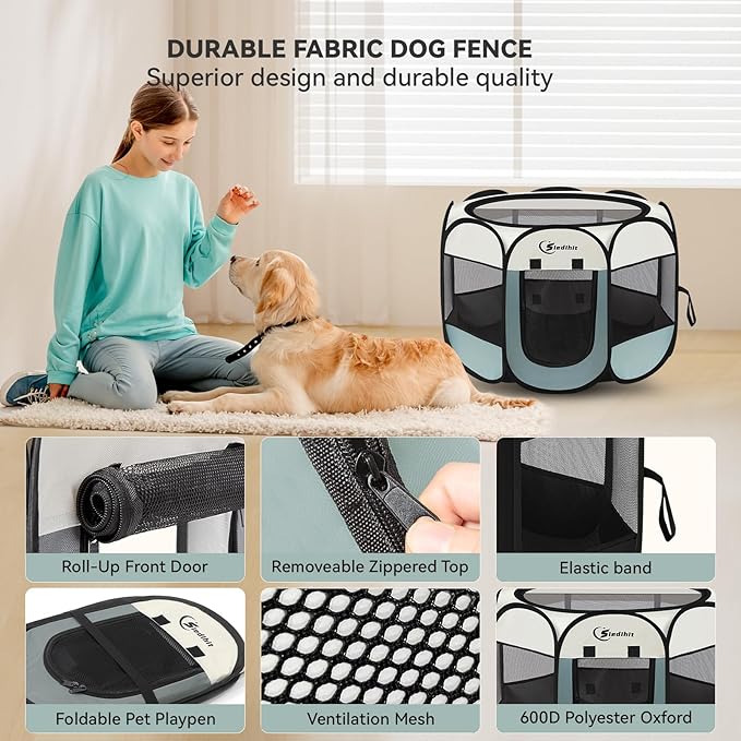 Large Dog Cat Playpen, Puppy Pet Playpen Indoor for Small Dog Crate Tent Cage Outdoor, Portable Pop Up Dogs Enclosure Kennel with Carrying Case for Dogs/Cats/Rabbits, Grey