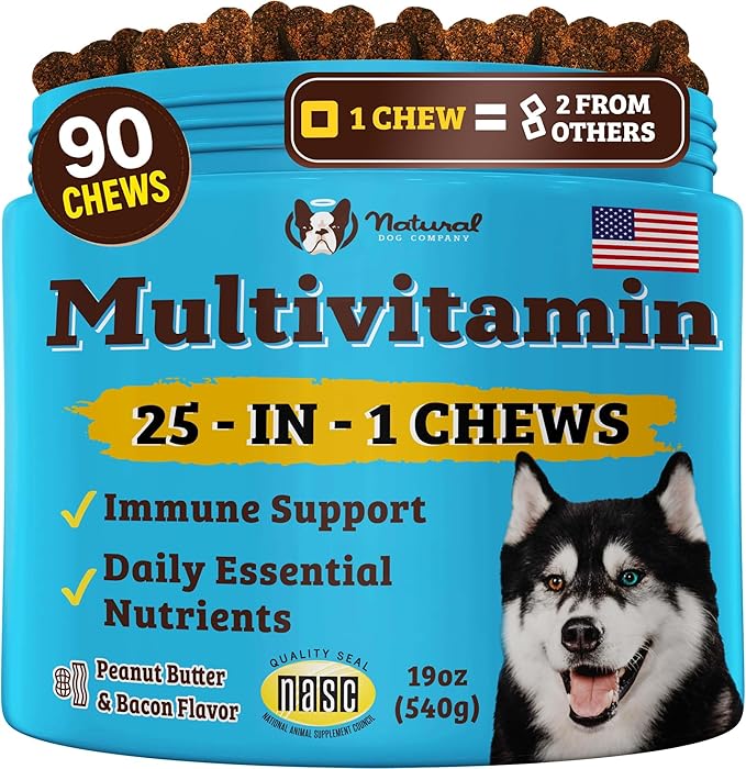 Natural Dog Company 25-in-1 Multivitamin Chews for Dogs – Daily Soft Dog Vitamins with Antioxidants, Zinc & Folic Acid – Supports Joints, Skin & Coat, Immune & Heart Health – All Ages, All Breeds
