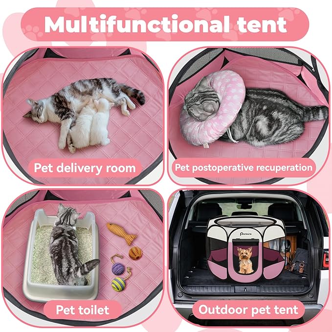 Dog Cat Playpen Indoor Outdoor for Puppy Pet Dogs Cat Recovery After Surgery, Dog Tent Crates Cage Indoor/Outdoor, Portable Pop Up Kennel with Carrying Case for Travel (Pink with Pad, Small)