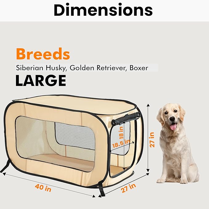 Beatrice Home Fashions Portable, Collapsible, Pop Up Kennel Travel Cat and Dog Crate, 40" L x 27" W x 27" H, Beige