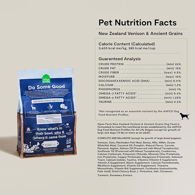 Open Farm, Ancient Grains Dry Dog Food, Protein-Rich & Nutrient Dense, 90% Animal Protein Mixed with Non-GMO Fruits, Veggies and Superfoods, New Zealand Venison Recipe, 4lb Bag