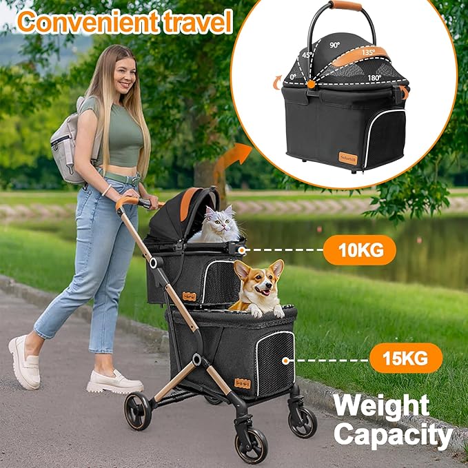 Double Dog Stroller for Small Dogs - 4 Wheels Medium Dog Jogger Stroller Detachable Cat Carriage, Storage Basket and One-Button Folding Frame for Pets Walk