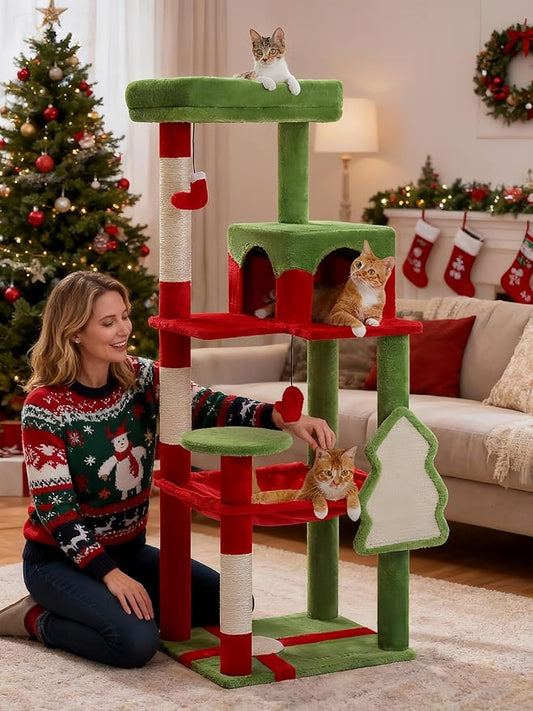 Cat Christmas Tree for Indoor Cats – 56.3“ Cat Proof Christmas Tree Tower with Large Hammock, 3 Scratching Posts & 3 Christmas Toy Balls – Holiday Cat Tree with Festive Decor, Christmas Red