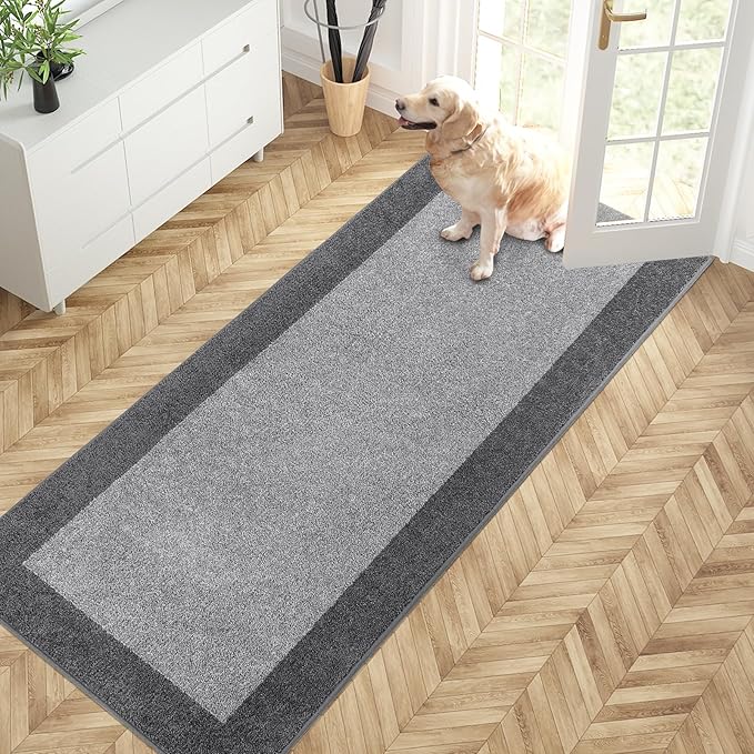 PURRUGS Dirt Trapping Door Mat 32" x 72", Non-Slip/Skid Machine Washable Entryway Rug, Shoes Scraper, Throw Rug, Super Absorbent Area Rug for Muddy Wet Shoes and Paws, Light Grey & Grey