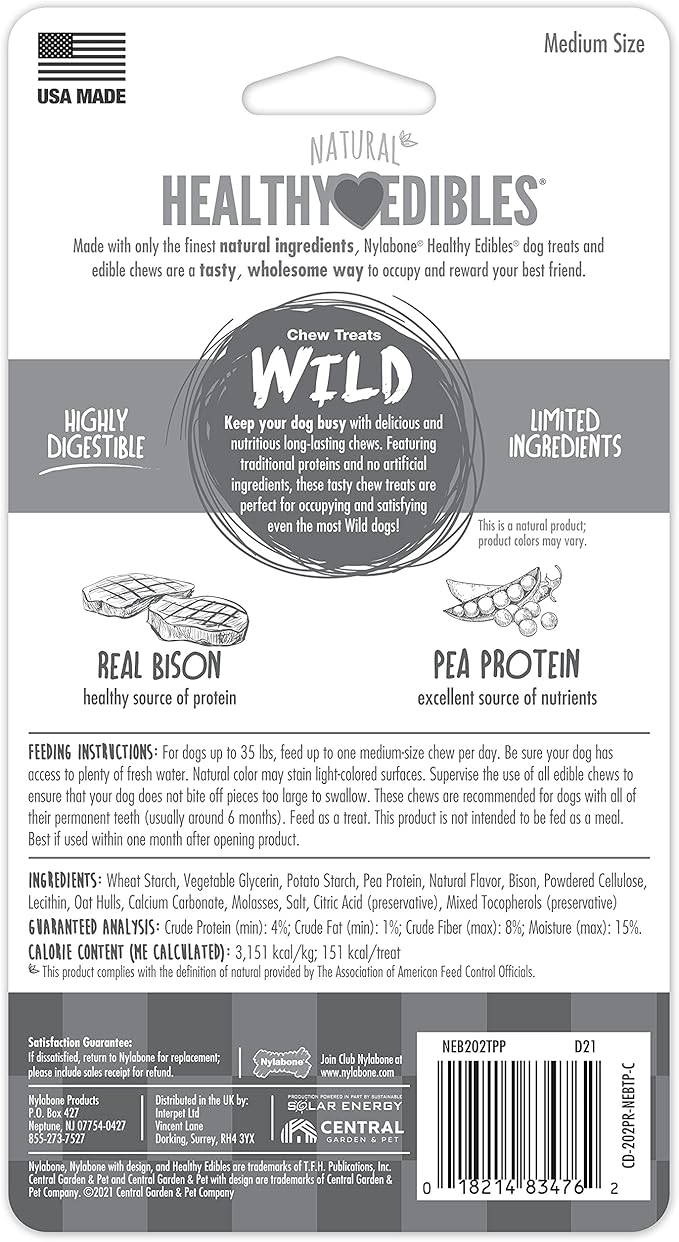 Nylabone Healthy Edibles WILD Natural Longer-Lasting Bison Flavor Bone Chew Treats for Dogs, Medium - Up to 35 lbs (2 Count)