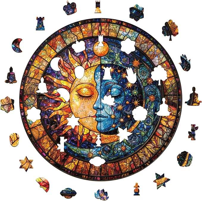 Jigfoxy Wooden Puzzle for Adults, Sun and Moon Jigsaw Puzzles for Adult, Unique Animal Shape Wood Cut Puzzles, Christmas Thanksgiving Gifts for Friends Family (L-13.4 * 13.4in-275pcs)