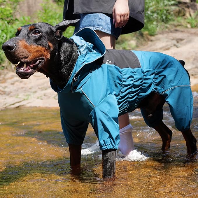 LOVELONGLONG Waterproof Dog Raincoat with Removable Hood – Outdoor Full Body Dog Jacket, Windproof Snowproof Shell Suit – All Season Pet Rain Gear Ocean Teal 3XL