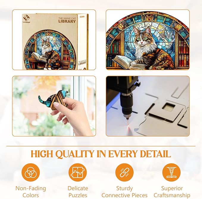 Wooden Puzzles for Adults, Wooden Jigsaw Puzzles for Adults Kids, The Maine Cat Library Unique Shaped Wood Puzzles Adult, Creative Birthday Gifts for Friends Family Game (13.4 * 13.4in 300pcs)