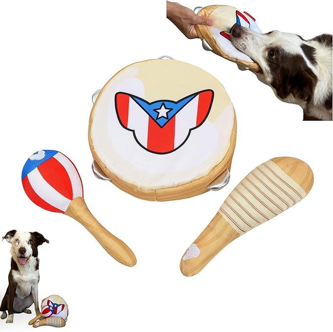 Squeaky Pet Toys | Puerto Rican Instrument-Inspired Perrandeo Kit – 3-Pack Pet Toys for Dogs and Cats | Durable & Engaging for All-Day Play | 9”H x 7”W