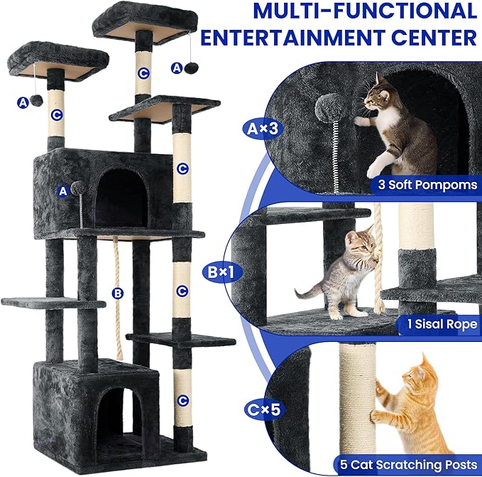 69-Inch Tall Cat Tree with Huge Condos, Multi-Functional Cat Tower with Top Perches, Scratching Posts, Pompoms, for Climbing, Lounging and Playing (Dark Grey)