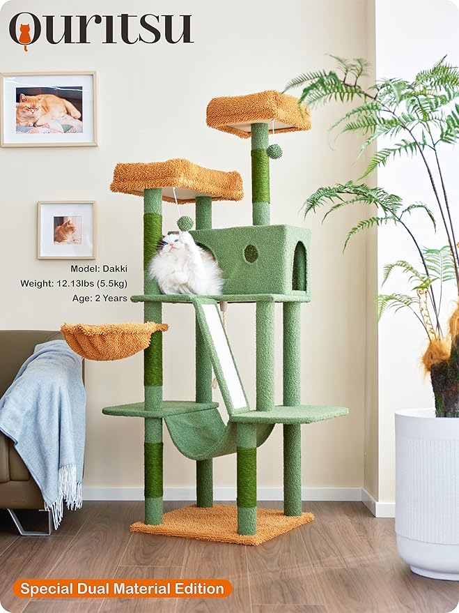Ouritsu Cat Tree, 61 inch Tall Cat Tower for Large Cat Indoor, Enlarged Condo, 2 Padded Perches with 1 Widened, Large Hammock, Scratching Post and ramp, Fluffy Basket, Green, LF002GB