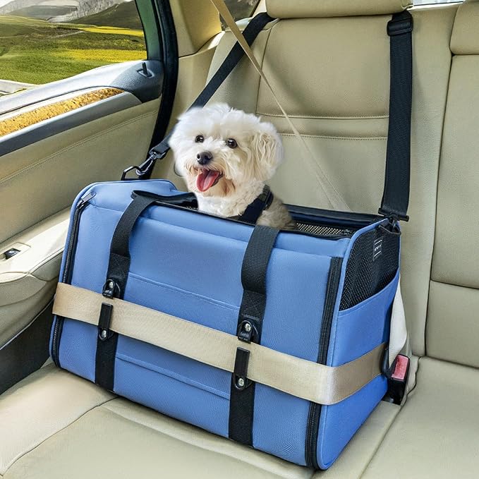 PETSFIT Cat Car Carrier for Medium Cats Dogs, 19"x12"x12" Small Dog Carrier, with Patent Safety Buckles and Escape-Proof Zipper - Safeguarding Car Travel, Vet Visit, Outdoor