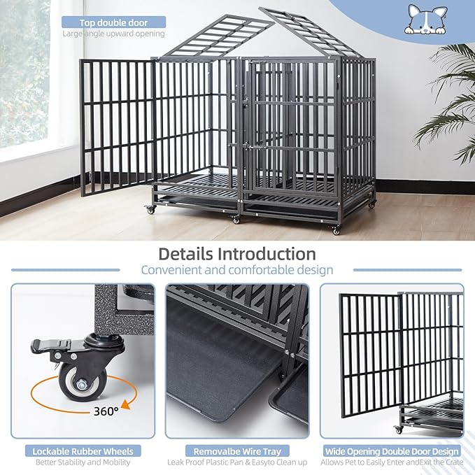 54 inch Heavy Duty Indestructible and Escape-Proof Dog Crate Cage Kennel for 1 XL or 2 Medium Dogs, Divider Panel, Removable Tray & Wheels, for High-Anxiety Dogs, Extra Large XL (Black)