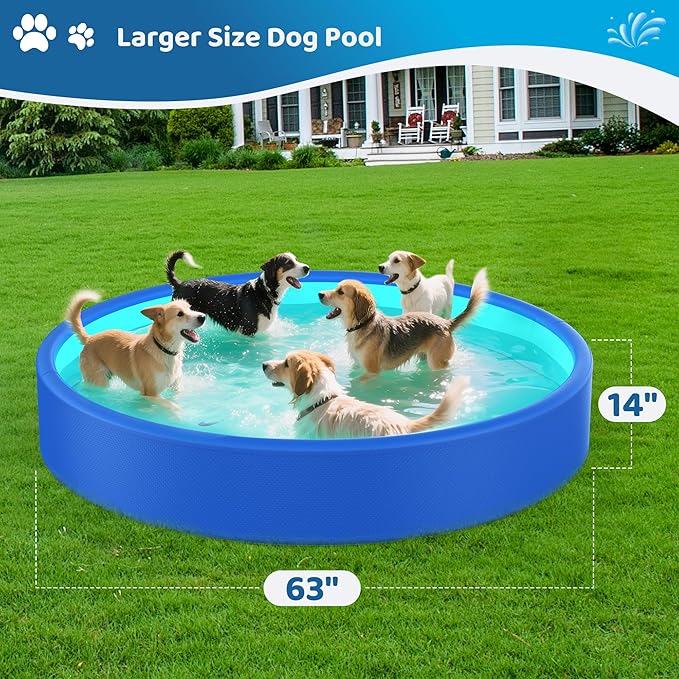 Foldable Dog Pet Bath Pool,AORJI Brushed Inflatable Dog Pet Pool Collapsible Kiddie Pool Bathing Tub Doggie Wading Pool for Small to Large Pubby Dogs Cats and Kids (63"x 14" Blue)