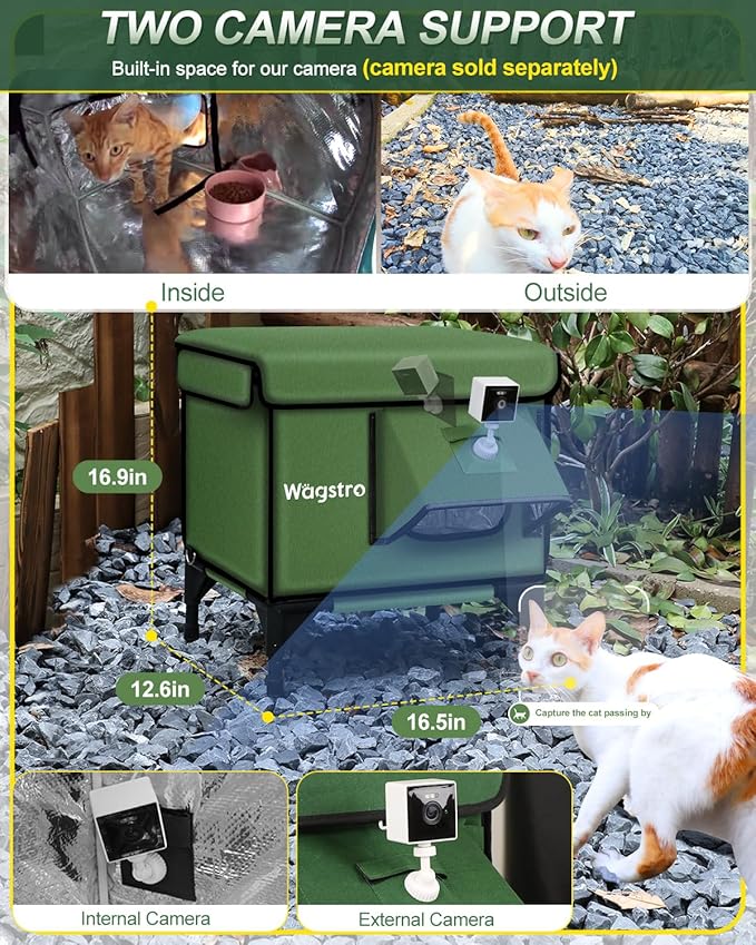 Heated Cat House for Outside, Insulated Weatherproof Heated Outdoor Cat House with Waterproof Eaves & Escape Door, Elevated Outdoor Cat Shelter for Feral Stray Cat (Green, 16.5"x13"x16.9")