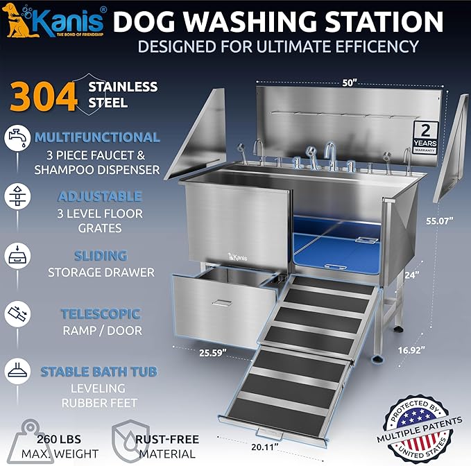 KANIS Professional Dog Washing Station - 304 Stainless Steel Pet Wash Sink & Grooming Bathtub w/Shower, Floor Grates and Storage for Large, Medium & Small Pets (50", 1 Drawer - Right Ramp)