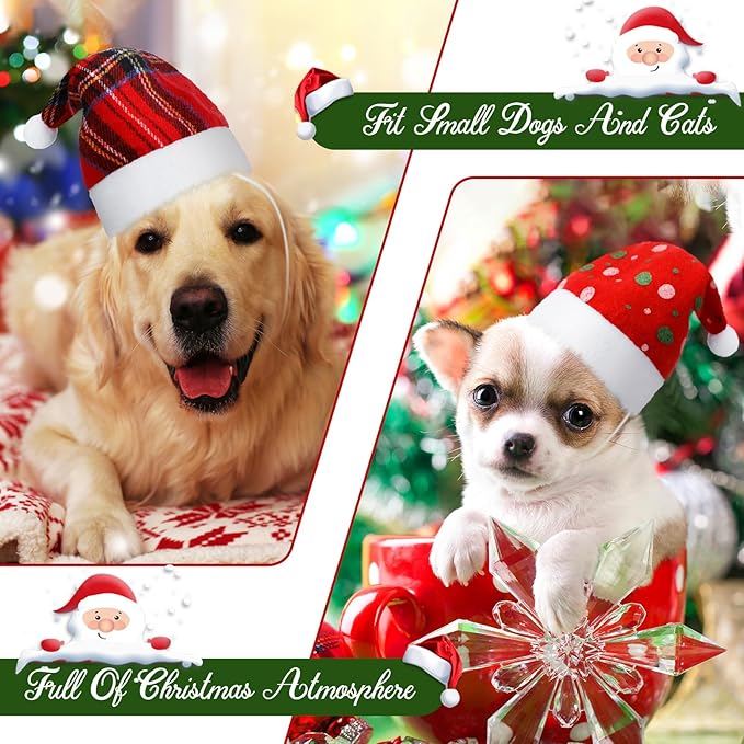 Svee 8 Pieces Christmas Santa Hats for Dog Cat with Adjustable Chin Strap Holiday Party Cute Costumes for Puppy Kitten Small Dogs and Cats Winter Party Dress up Props Supplies Gifts(Plaid)