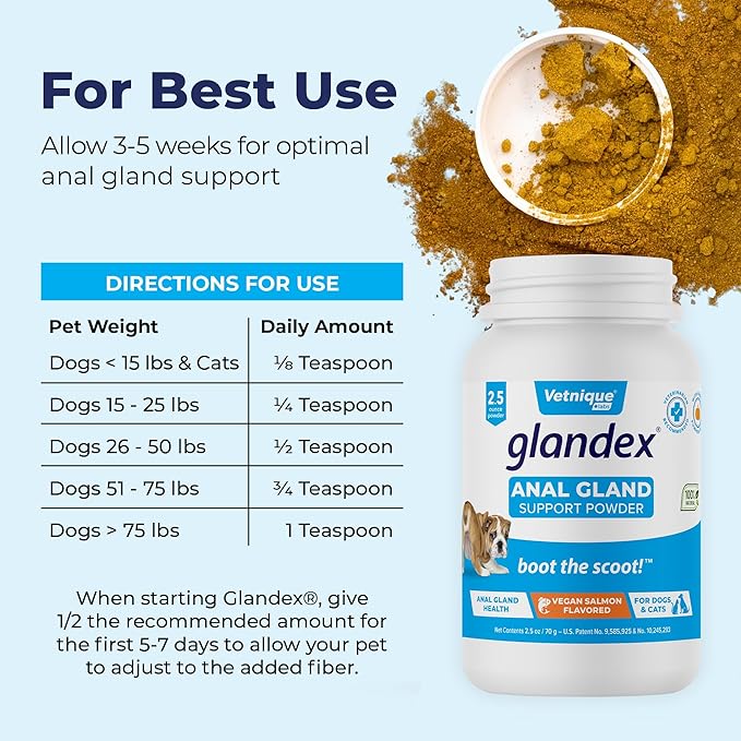 Vetnique Glandex Dog Fiber Supplement Powder for Anal Glands with Pumpkin, Digestive Enzymes & Dog Probiotics for Digestive Health - Vet Recommended - Boot The Scoot (Vegan Salmon, 2.5oz Powder)