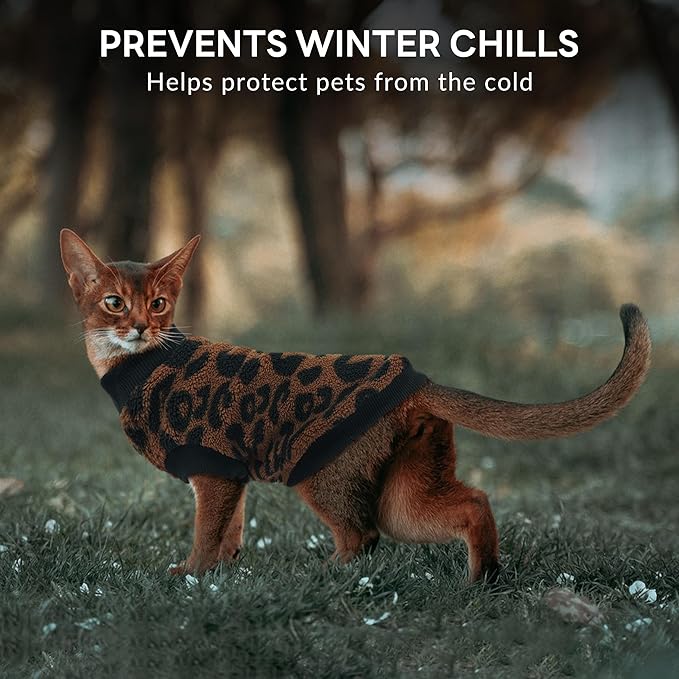 PUMYPOREITY Winter Warm Cat Sweater with Stretch Ribbed Collar & Cuffs, Snug & Secure Fit with Soft Plush Fleece, Easy-On Cat Sweatshirt for Indoor/Outdoor Use,Brown, M