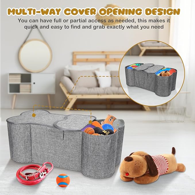 Lukeline Large Dog Toy Basket, Bone Shape Dog Toy Storage Box, Foldable Fabric Storage Bin for Pet toys and Pet Supplies, 26.4 * 12.6 * 9.5 Inches (1 Pack-Grey-Lid)
