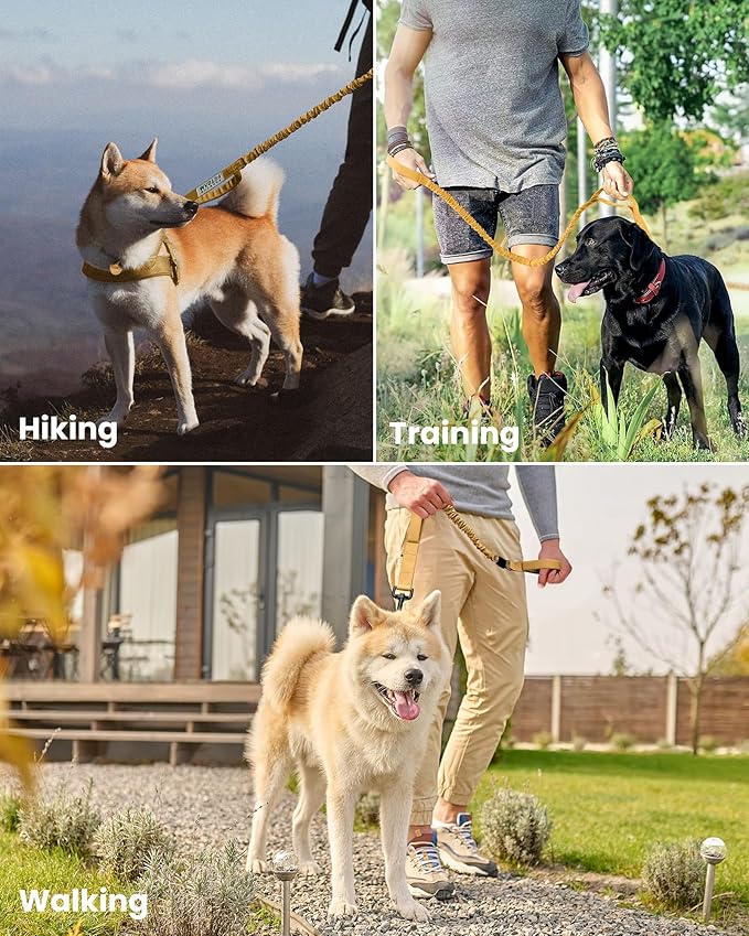 OutdoorMaster Bungee Dog Leash, Heavy Duty Dog Leash with Shock Absorption, 2 Padded Handles Training Leash,1 Seat Belt Clip, Improved Dog Safety and Comfort - Brown Upgraded, 4 FT