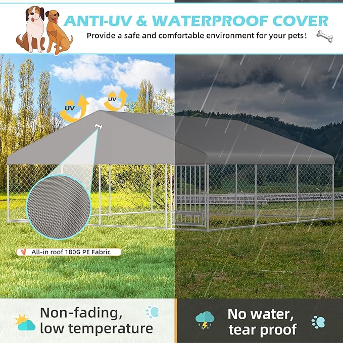 13'x13' Outdoor Dog Kennel with Roof, Dog Kennel Outside with Rotated Dog Bowls, Large Dog House Pen Enclosure with Secure Lock, Wateproof Sunproof Cover